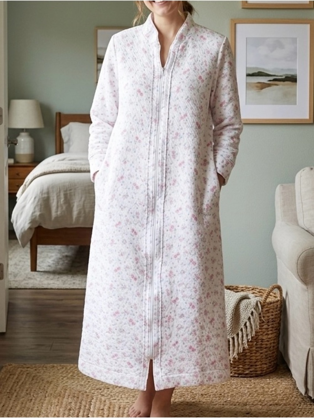 Carole Hochman Quilted Zip Front Robe Womens White Pink Floral Housecoat Size S